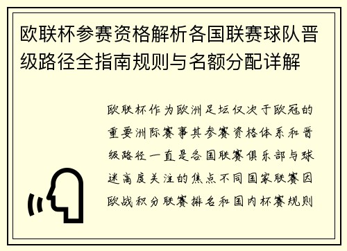 欧联杯参赛资格解析各国联赛球队晋级路径全指南规则与名额分配详解